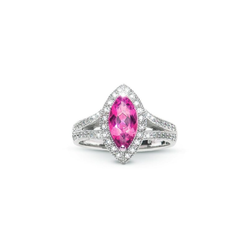 Marquise Pink Tourmaline and Diamond Cluster Ring handmade in white gold by Natalie Barney