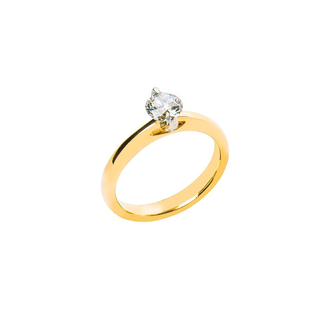 2 Claw Round Diamond Solitaire handmade in yellow gold and platinum by Natalie Barney