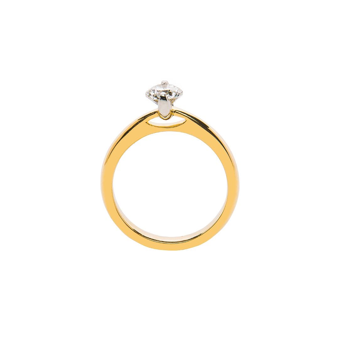 2 Claw Round Diamond Solitaire handmade in yellow gold and platinum by Natalie Barney