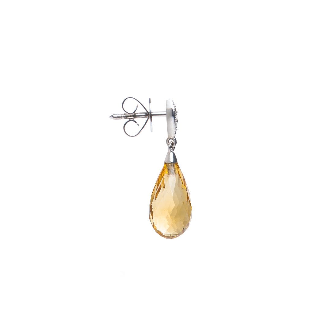 Citrine Briolette and Diamond Drop Earrings handmade in white gold by Natalie Barney