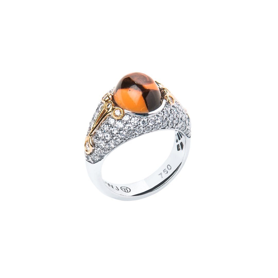 Cognac Tourmaline Cabochon and Diamond Cocktail Ring in white and rose gold by Natalie Barney