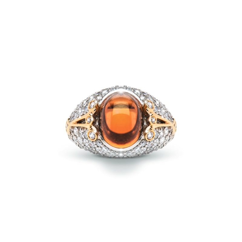 Cognac Tourmaline Cabochon and Diamond Cocktail Ring in white and rose gold by Natalie Barney