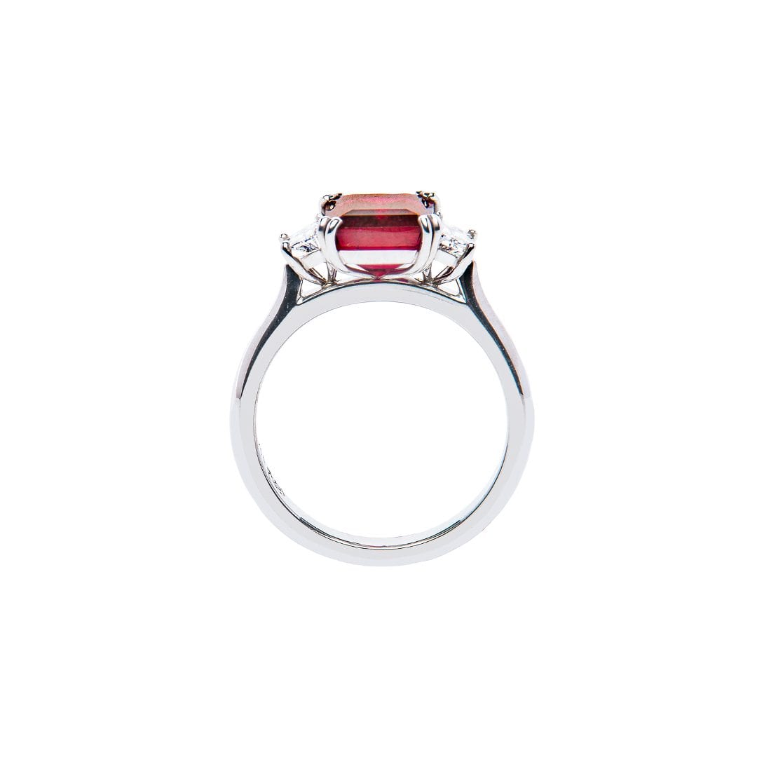 Emerald Cut Rubellite and Diamond Ring handmade in white gold by Natalie Barney