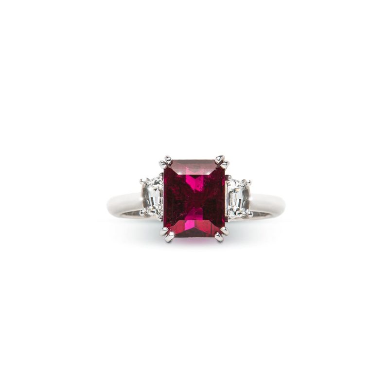 Emerald Cut Rubellite and Diamond Ring handmade in white gold by Natalie Barney
