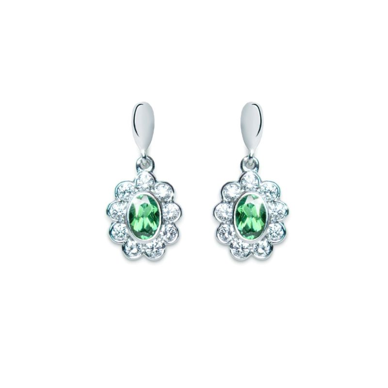 Green Tourmaline and Diamond Flower Cluster Drop Earrings in white gold by Natalie Barney