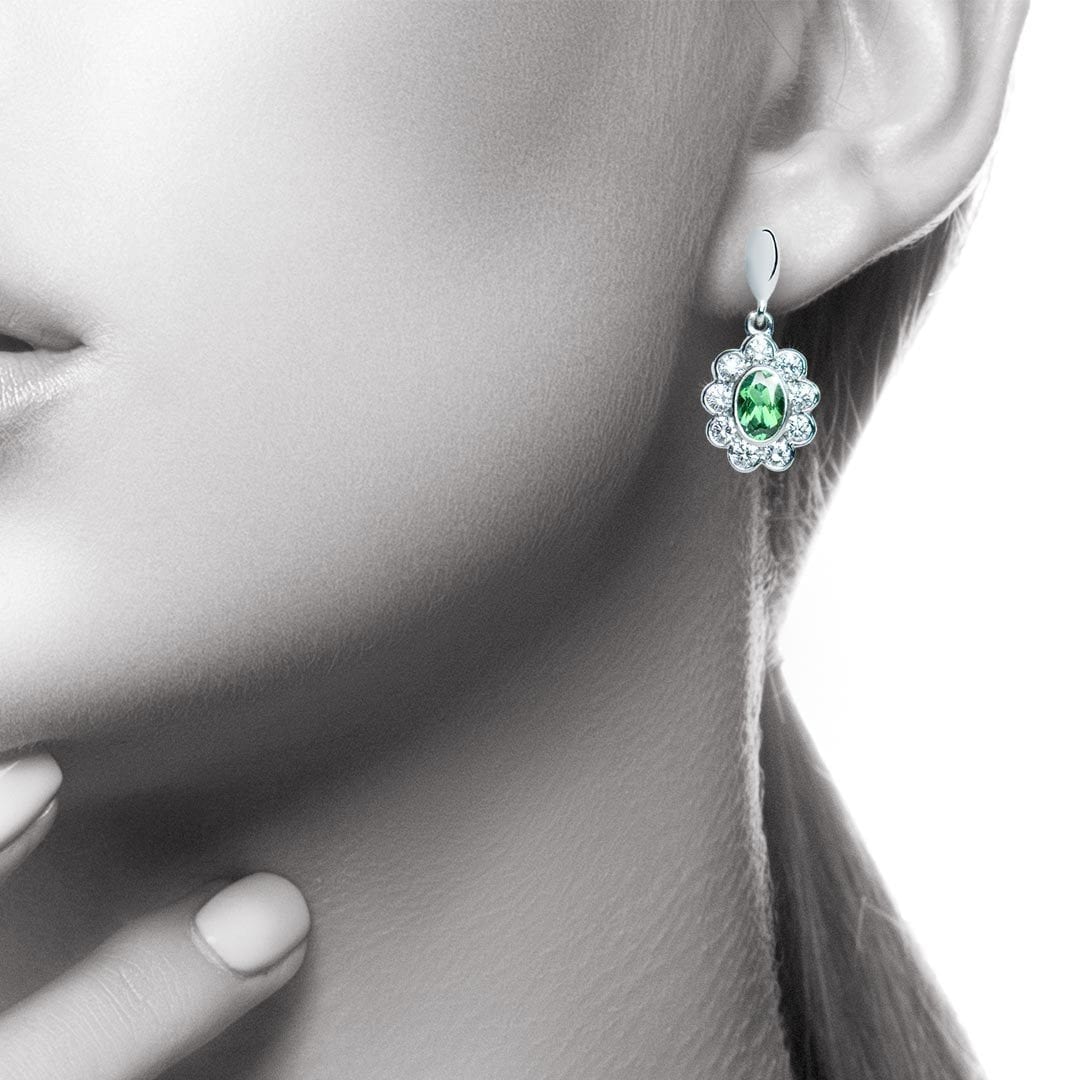 Green Tourmaline and Diamond Flower Cluster Drop Earrings in white gold by Natalie Barney