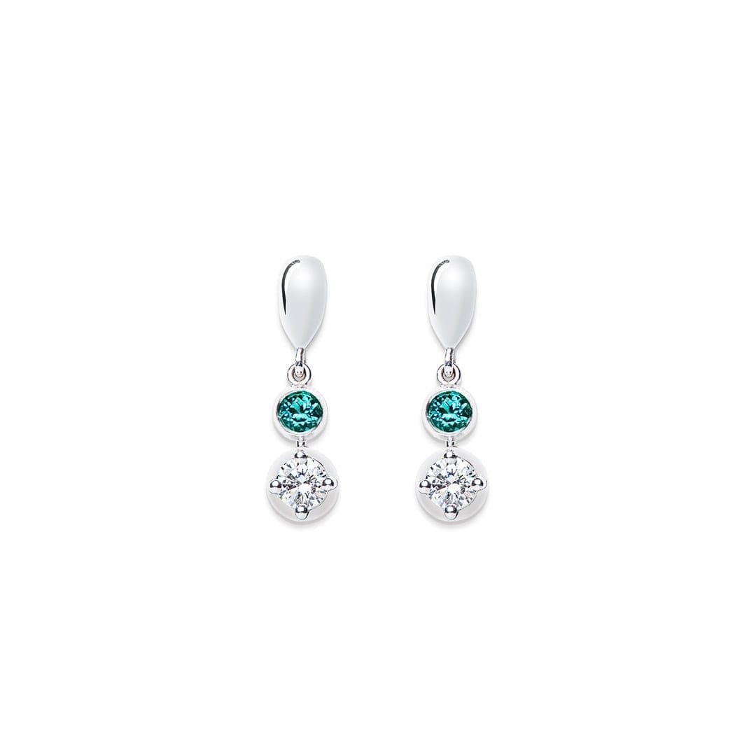 Blue Tourmaline and Diamond Drop Earrings handmade in white gold by Natalie Barney