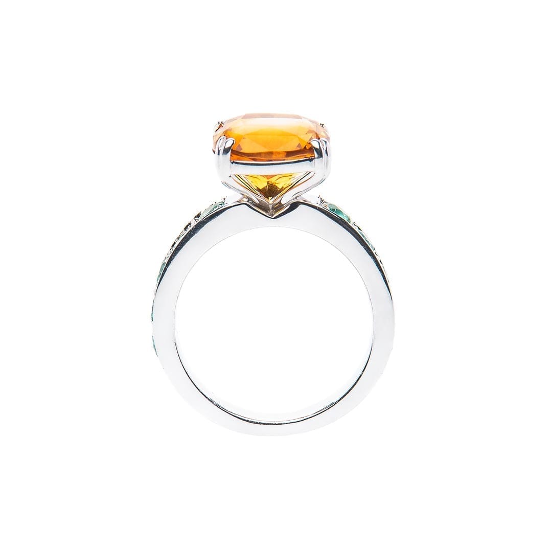 Cushion Citrine and Mint Tourmaline Ring handmade in white gold by Natalie Barney