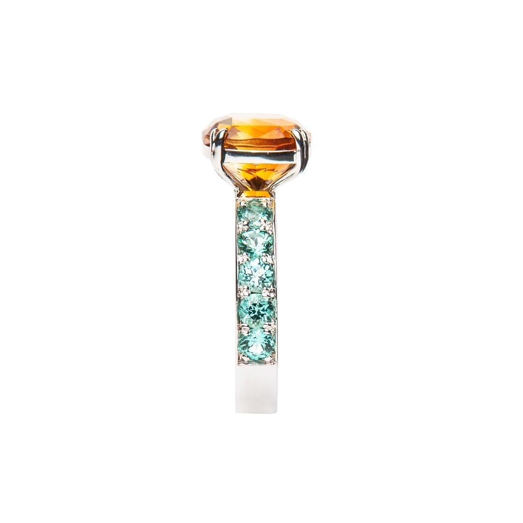 Cushion Citrine and Mint Tourmaline Ring handmade in white gold by Natalie Barney