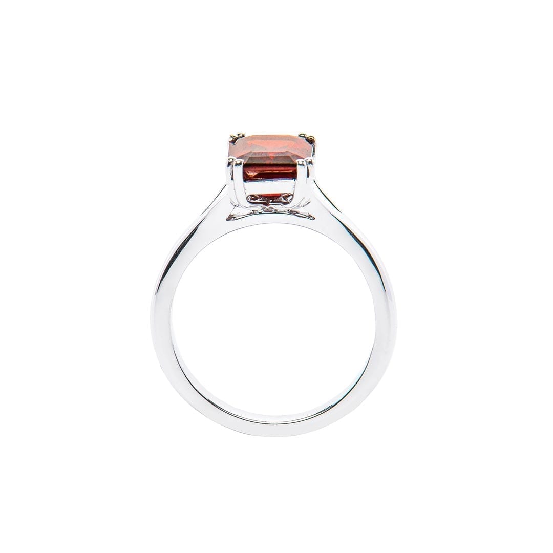Emerald Cut Red Garnet Ring handmade in white gold by Natalie Barney