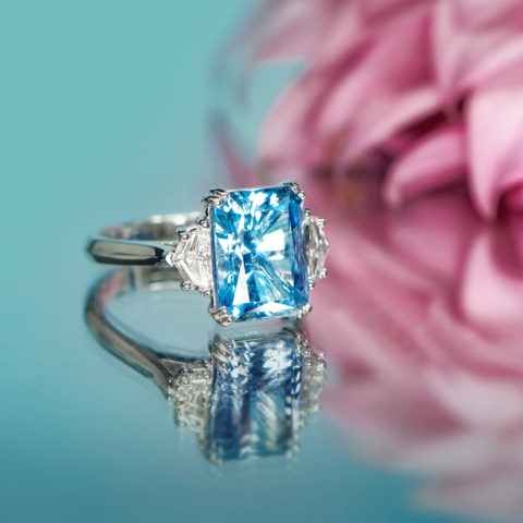 Emerald Cut Three Stone Aquamarine and Diamond Ring in White Gold by ...
