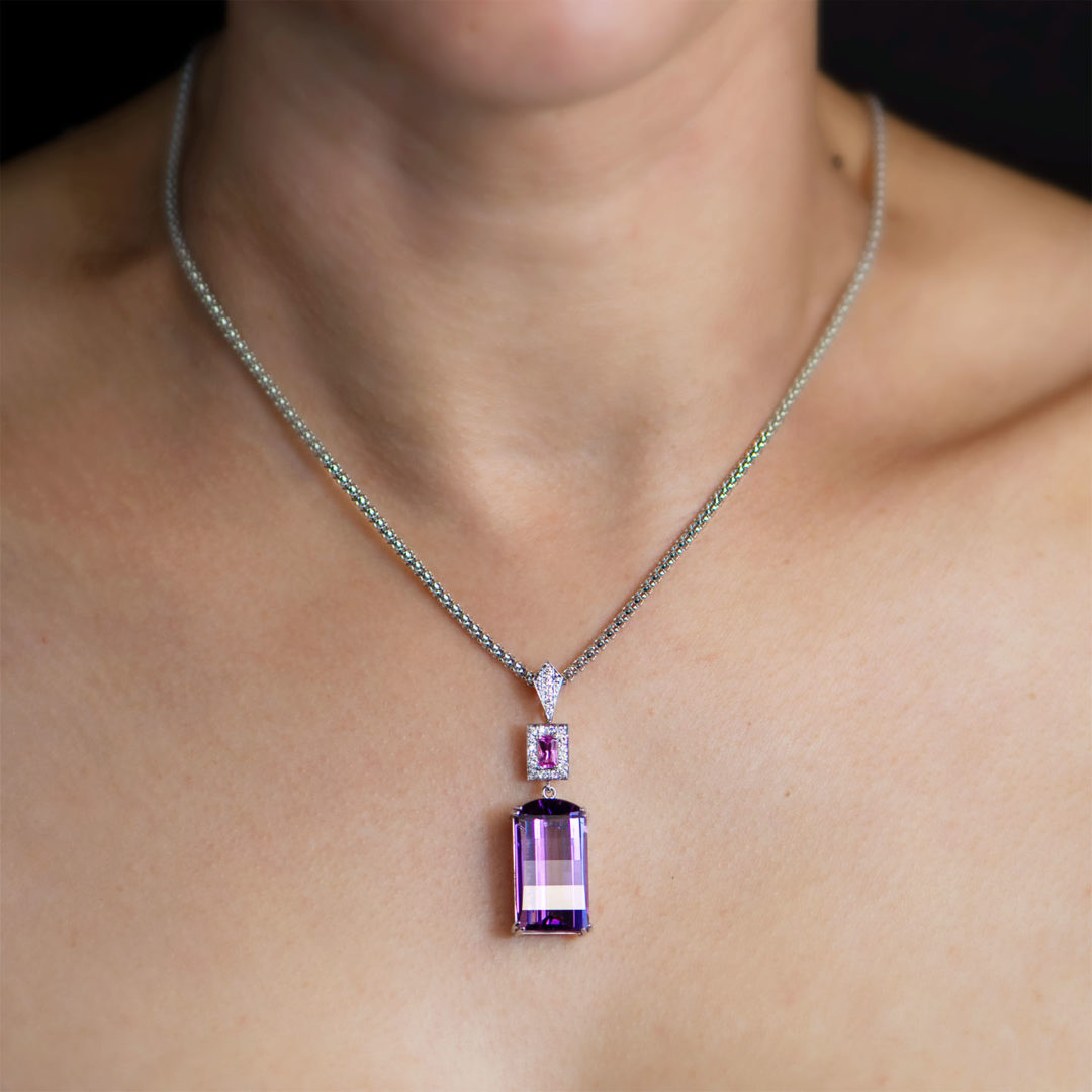 Fancy Amethyst, Pink Sapphire and Diamond Enhancer handmade in white gold by Natalie Barney