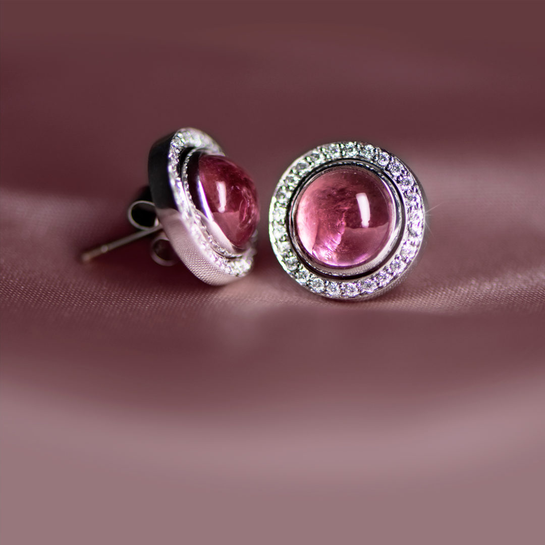 Round Pink Tourmaline Cabochon and Diamond Stud Earrings in white gold by Natalie Barney