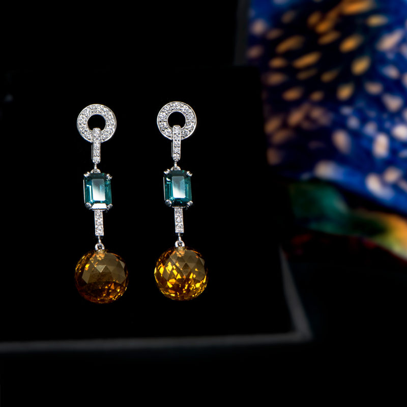 Blue Tourmaline, Citrine and Diamond Drop Earrings handmade in white gold by Natalie Barney