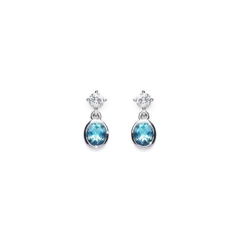 Oval Aquamarine and Round Diamond Drop Earrings handmade in white gold by Natalie Barney