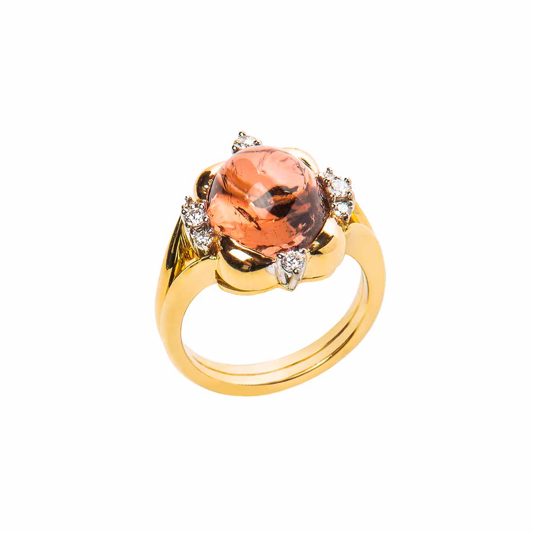 Oval Brown Tourmaline and Diamond Ring handmade in yellow gold by Natalie Barney