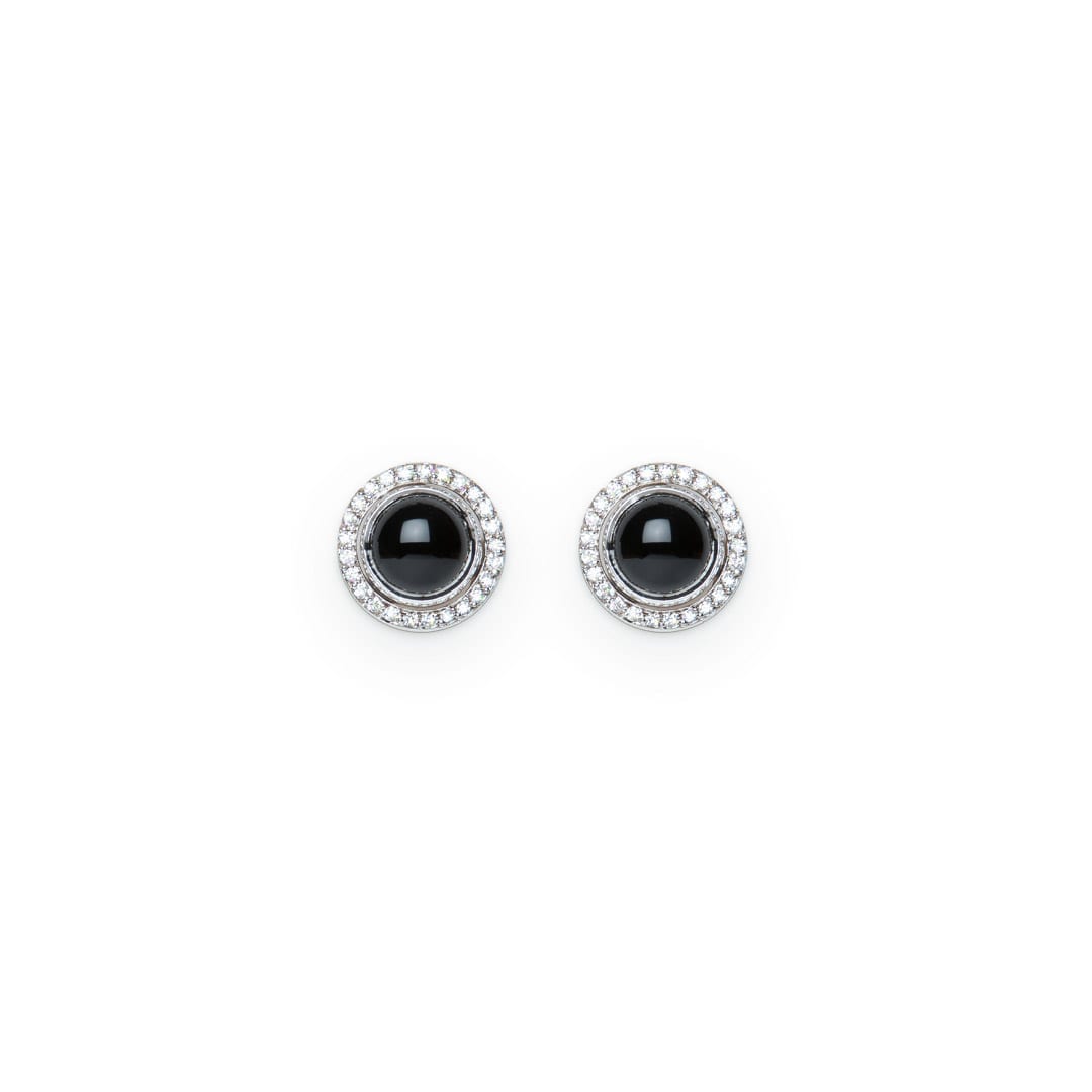 Round Black Onyx Cabochon and Diamond Stud Earrings in white gold by Natalie Barney
