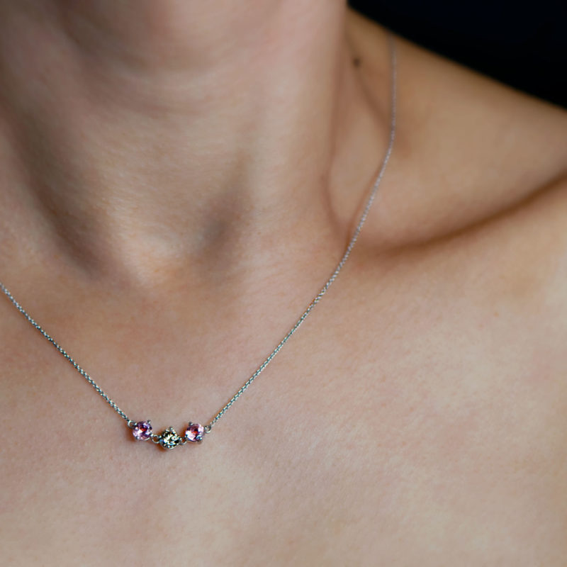 Argyle Diamond and Pink Tourmaline Necklace handmade in white gold by Natalie Barney