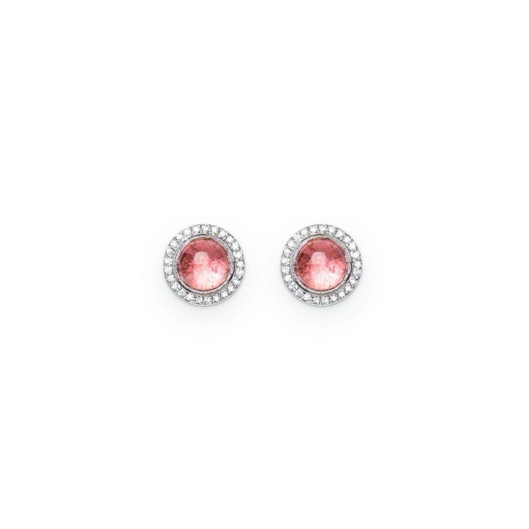 Round Pink Tourmaline Cabochon and Diamond Stud Earrings in white gold by Natalie Barney