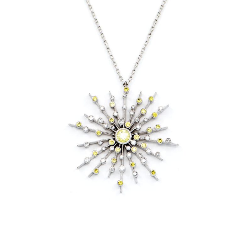 Soleil Pendant and Chain in white gold with diamonds and sapphires by Natalie Barney