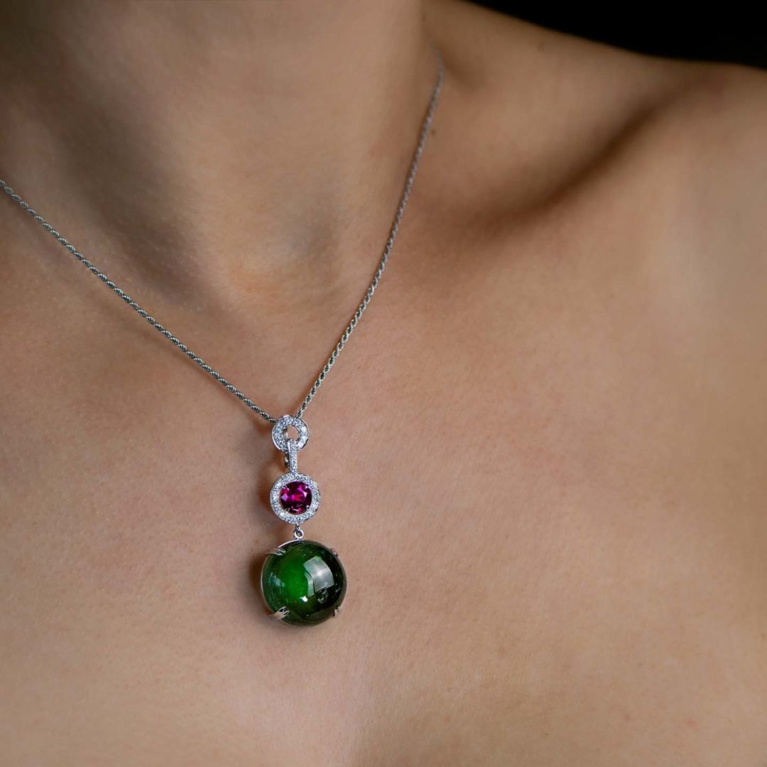 Tourmaline Cabochon and Diamond Enhancer handmade in white gold by Natalie Barney