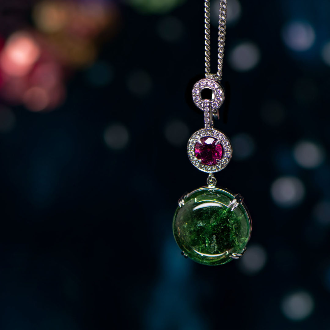 Tourmaline Cabochon and Diamond Enhancer handmade in white gold by Natalie Barney
