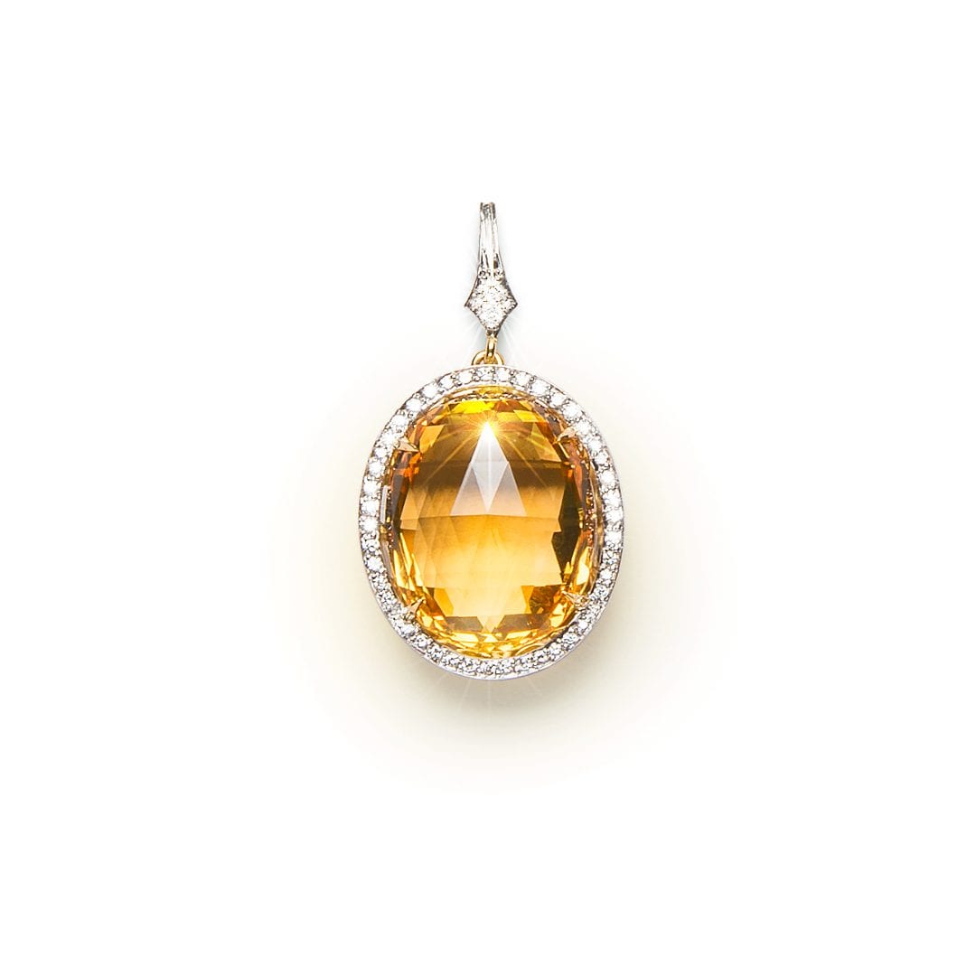 Oval Citrine and Diamond Cluster Pendant handmade in white and yellow gold by Natalie Barney