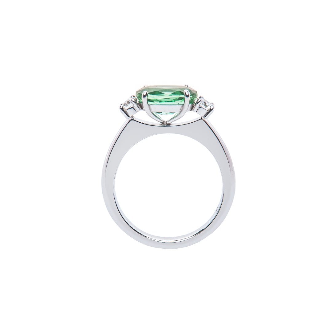 Oval Green Tourmaline and Diamond Ring handmade in white gold by Natalie Barney