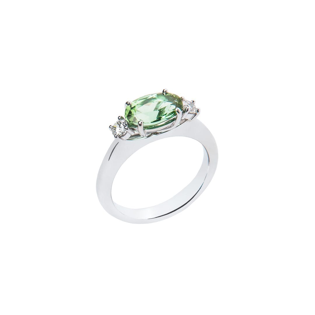 Oval Green Tourmaline and Diamond Ring handmade in white gold by Natalie Barney