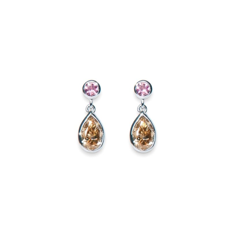 Pear Argyle Diamond and Pink Tourmaline Drop Earrings handmade in white gold by Natalie Barney