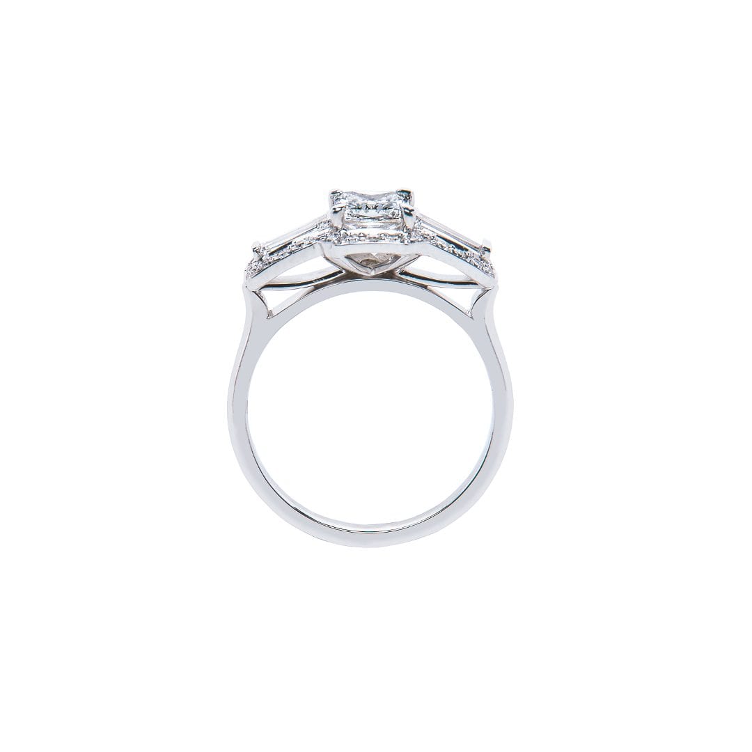 Radiant and Baguette Diamond Cluster Ring handmade in white gold by Natalie Barney