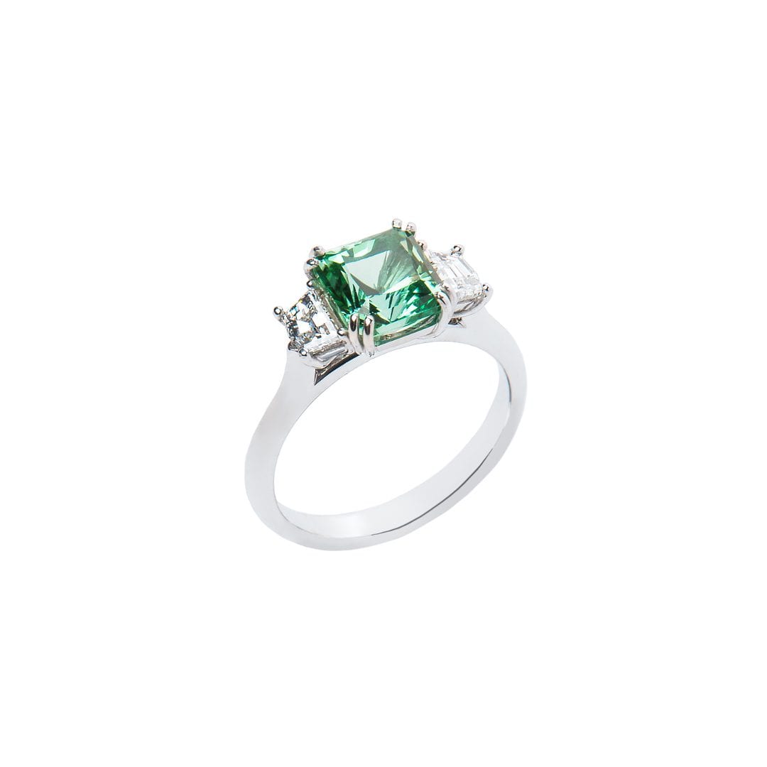 Radiant Green Tourmaline and Diamond Ring handmade in white gold by Natalie Barney
