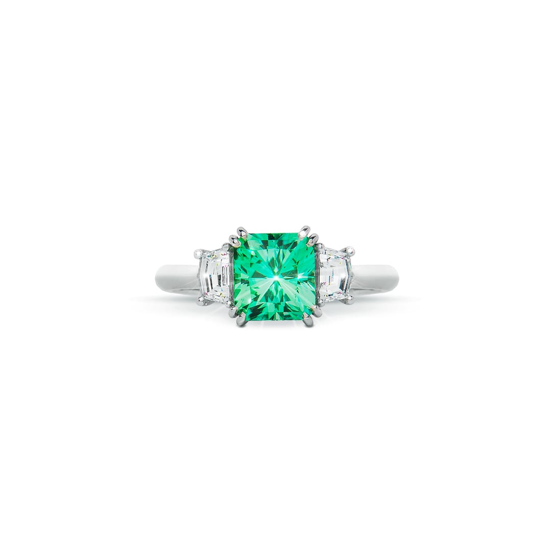 Radiant Green Tourmaline and Diamond Ring (top view)