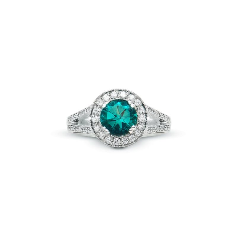 Round Blue Tourmaline and Diamond Cluster Ring handmade in white gold by Natalie Barney