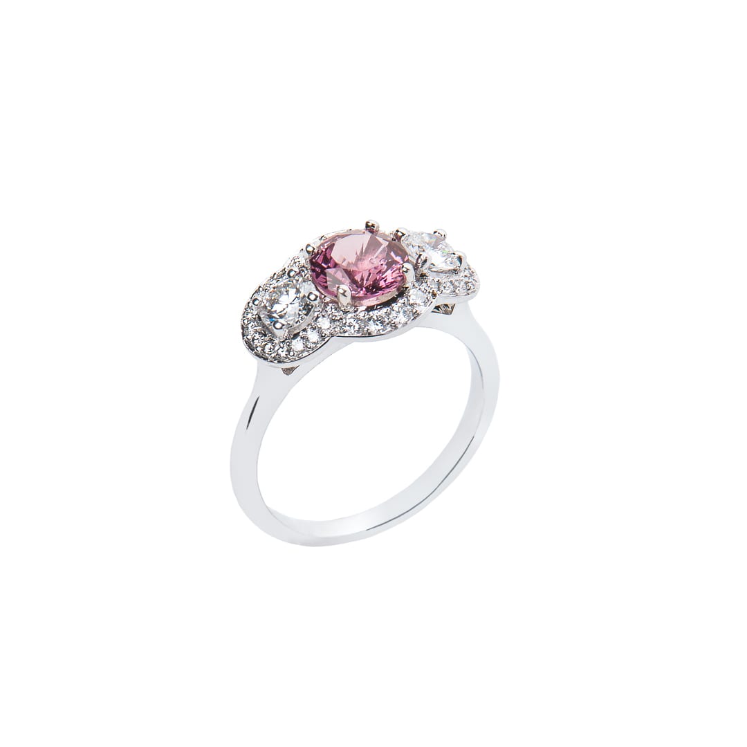 Round Cut Pink Tourmaline and Diamond Cluster Ring in White Gold