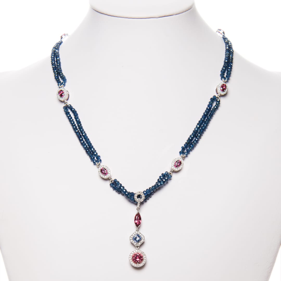 Sapphire Rhodolite Garnet Tourmaline and Diamond Necklace (bust)