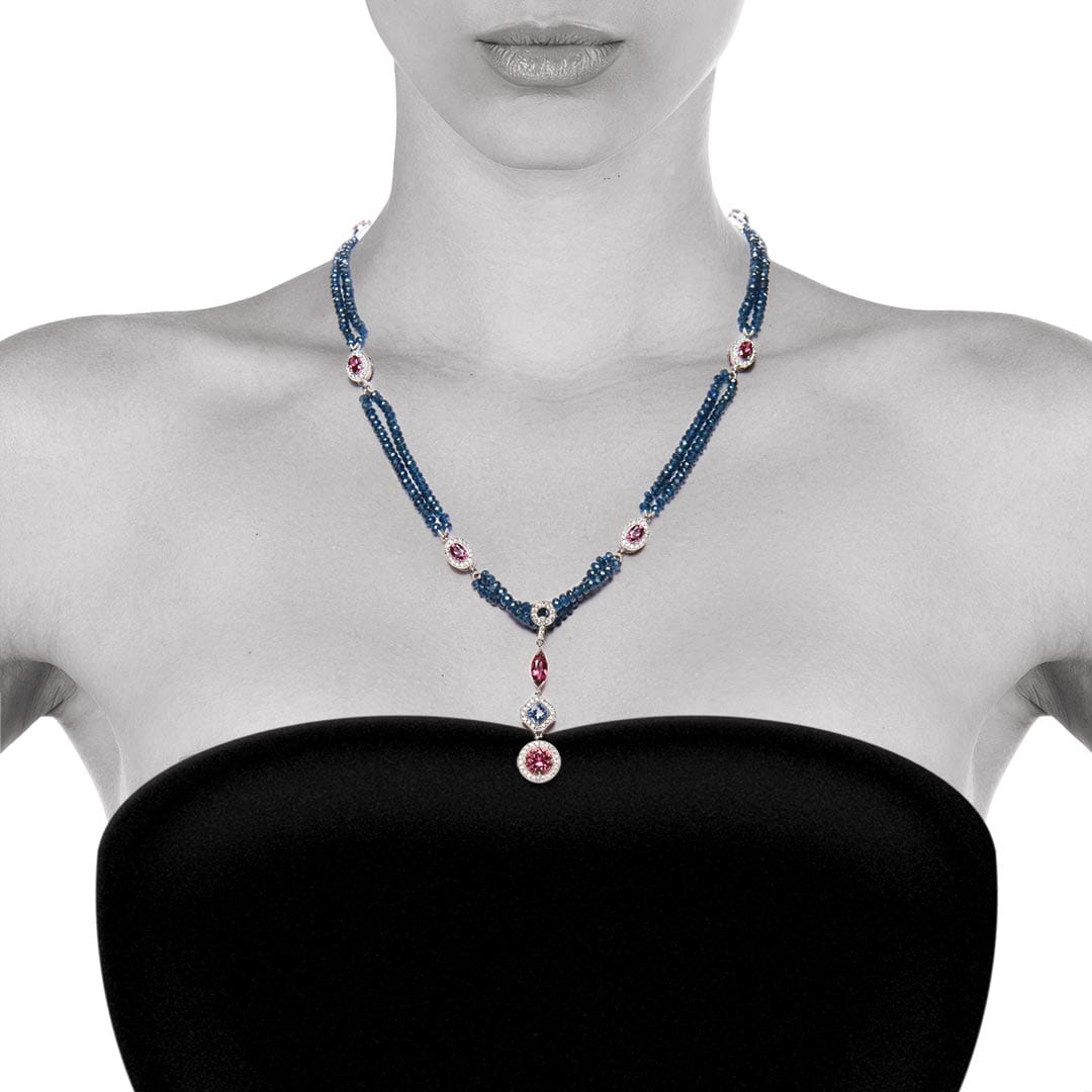 Sapphire Rhodolite Garnet Tourmaline and Diamond Necklace (model view)