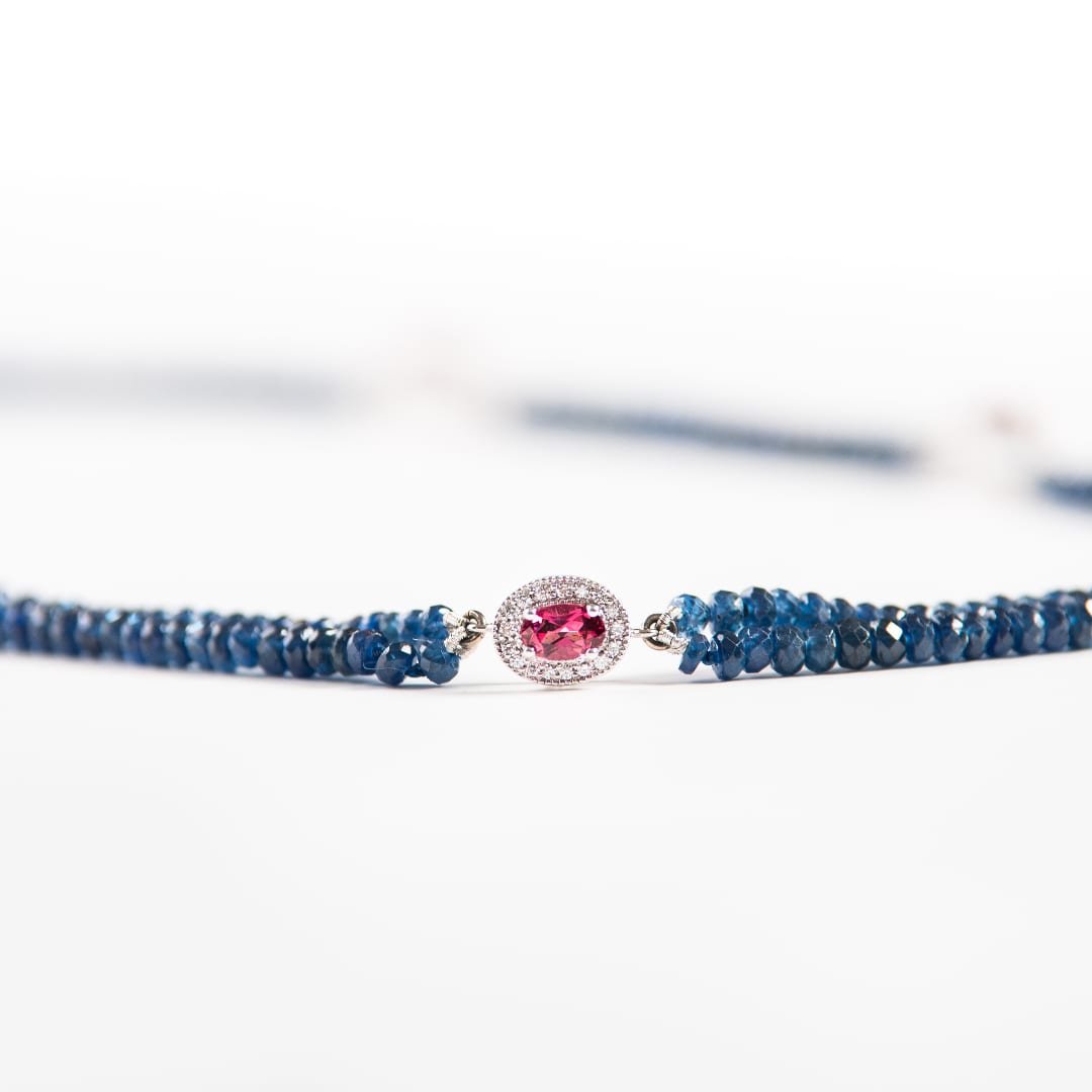 Sapphire Rhodolite Garnet Tourmaline and Diamond Necklace (side necklace view)