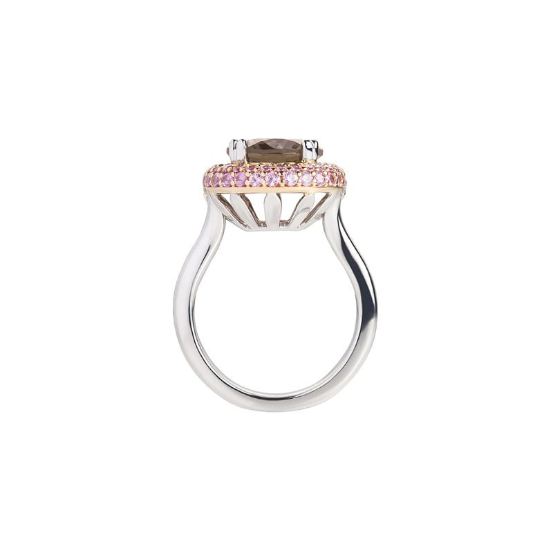 Smokey Quartz and Pink Sapphire Cluster Ring in white and rose gold by Natalie Barney
