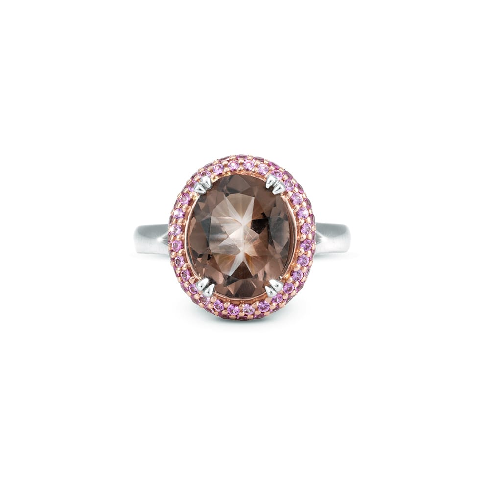 Smokey Quartz and Pink Sapphire Cluster Ring in whiteand rose gold by Natalie Barney