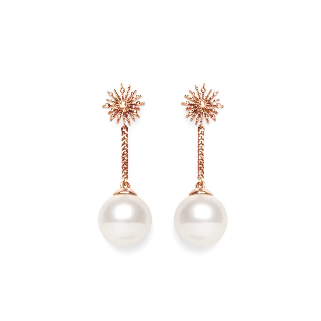 Soleil Pearl Drop Earrings in rose gold by Natalie Barney
