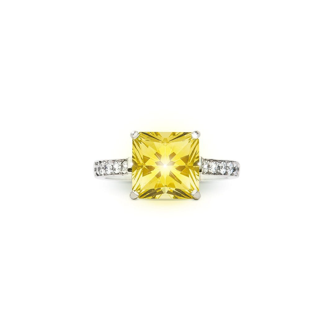 Square Radiant Yellow Beryl and Diamond Ring handmade in white gold by Natalie Barney