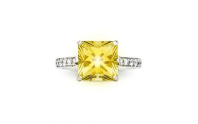 Square Radiant Cut Yellow Beryl and Diamond Ring in White Gold