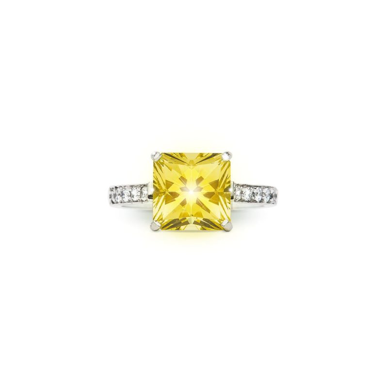 Square Radiant Yellow Beryl and Diamond Ring handmade in white gold by Natalie Barney