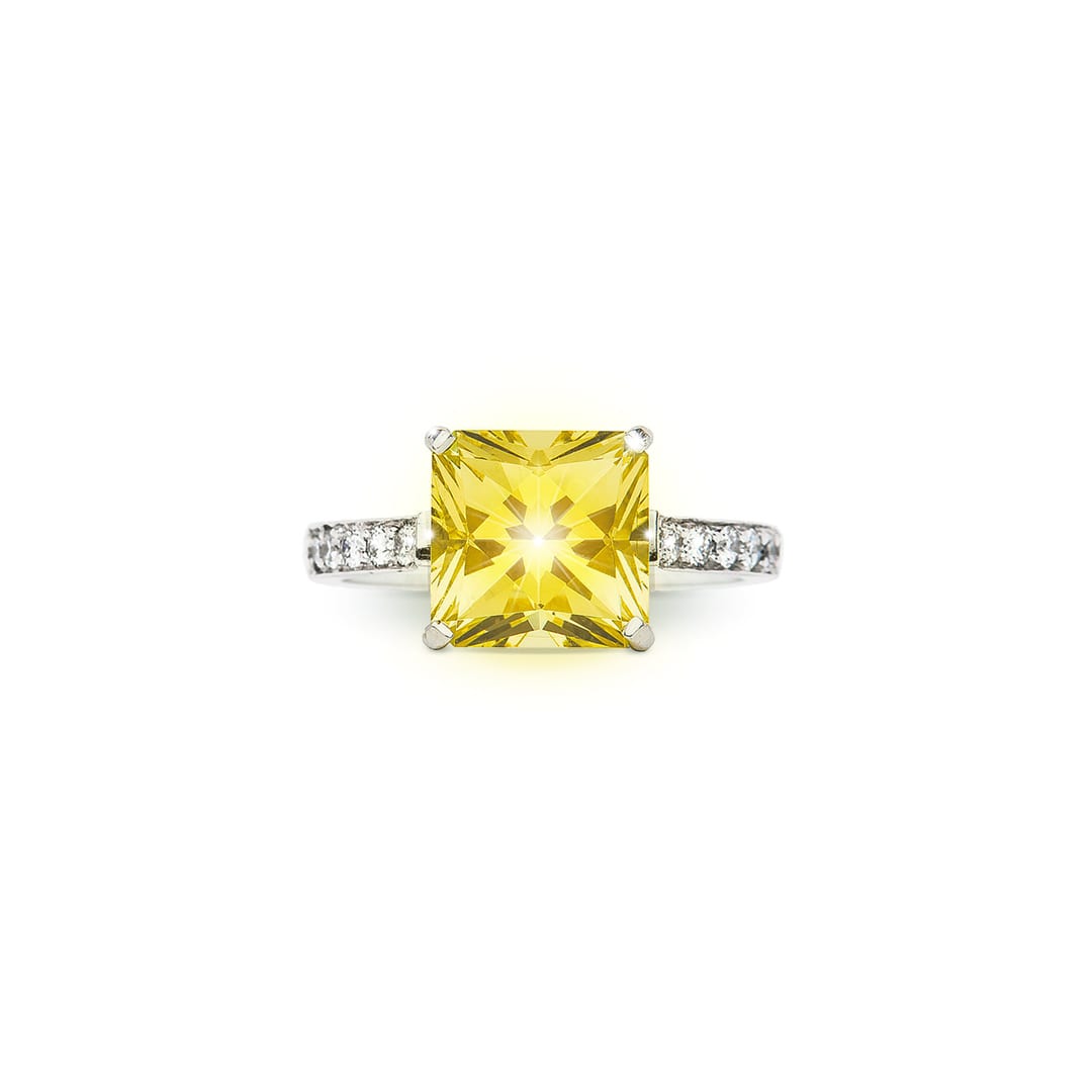 Square Radiant Yellow Beryl and Diamond Ring (top view)