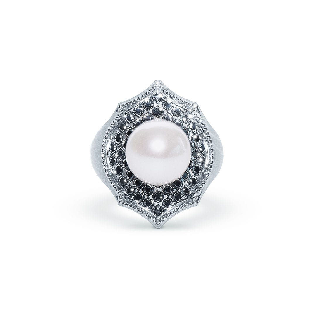 Mauresque Pearl and Black Diamond Ring in White Gold by Natalie Barney