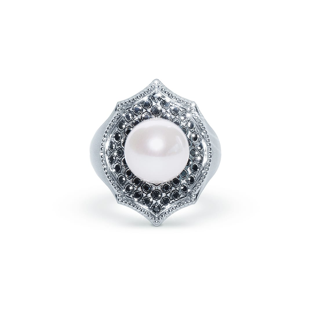Mauresque Pearl and Black Diamond Ring in White Gold (top view)