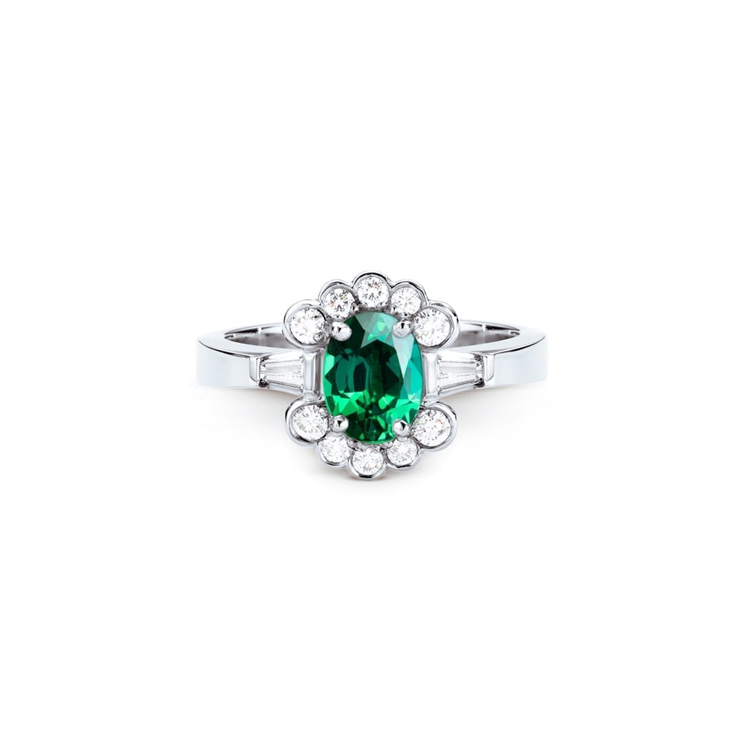 Tsavorite (green garnet) engagement ring in white gold with diamonds