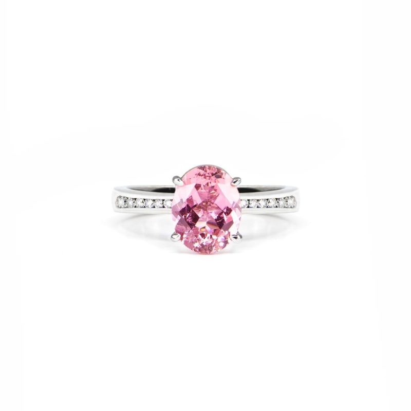 Oval Cut Pink Tourmaline and Diamond Ring handmade in white gold by Natalie Barney