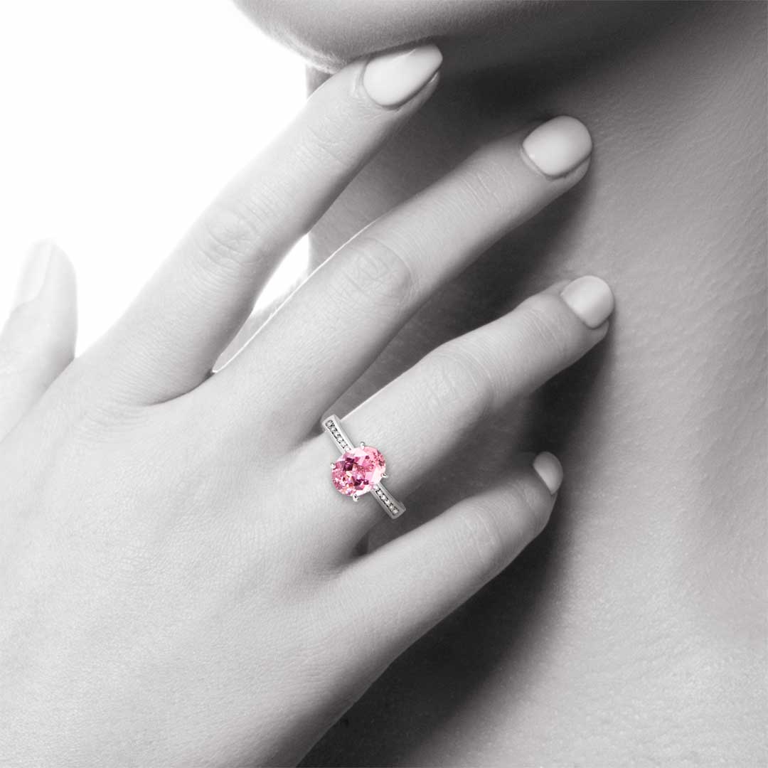 Oval Cut Pink Tourmaline and Diamond Ring handmade in white gold by Natalie Barney